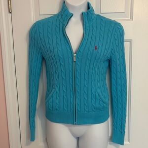 VTG Ralph Lauren Sport Women Cable Knit Zip Up Sweater w/ Pockets Blue Sz Large